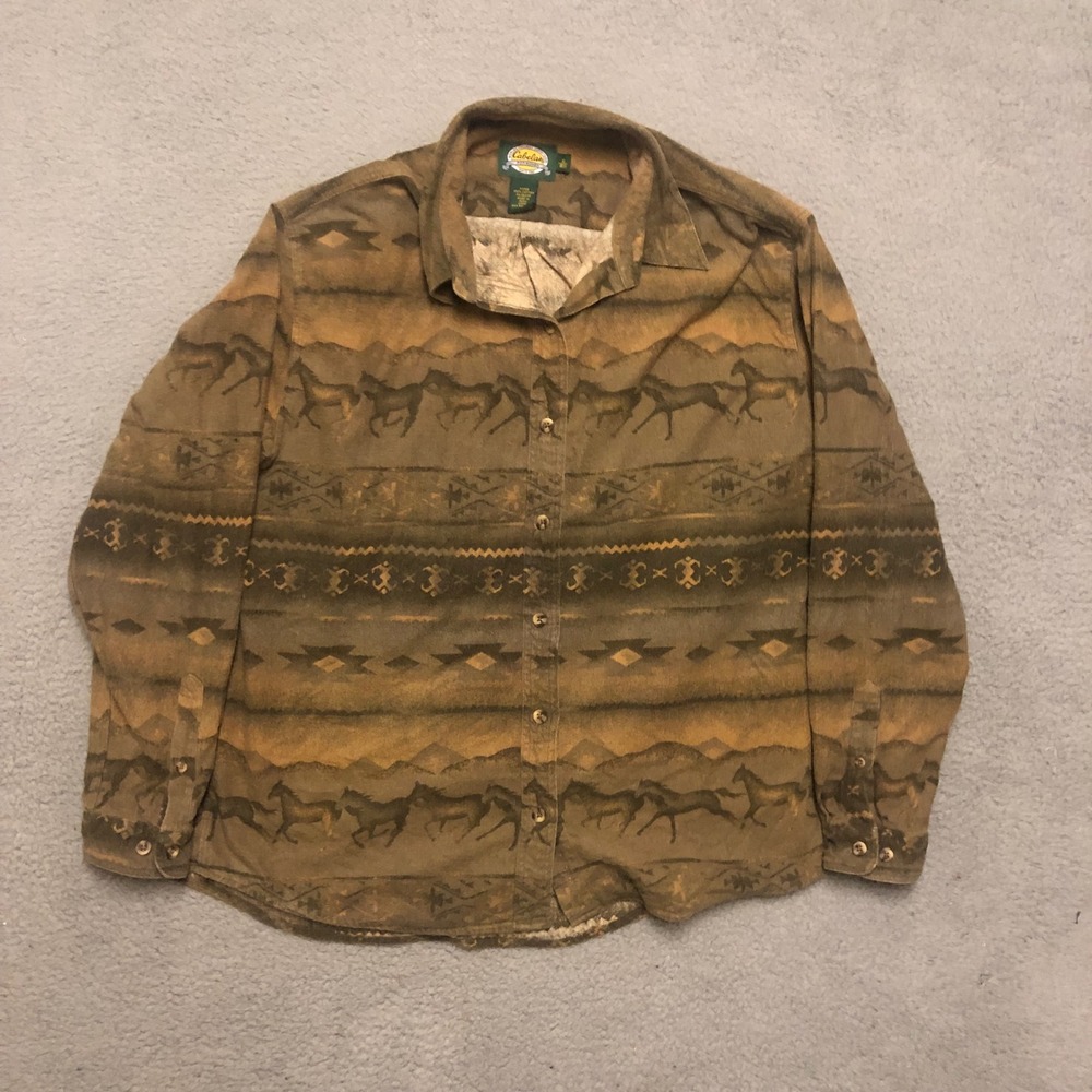 Cabelas Vtg Horse Southwest Aztec Corduroy Button Up Shirt Brown XL Regular